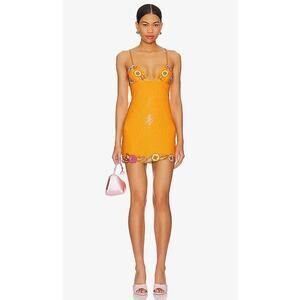 MAJORELLE Orange Beaded Mini Dress with Pink & Yellow Floral Trim
